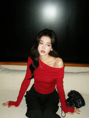Red Off Shoulder Long Sleeve Top