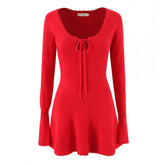 Red Ribbed Knit Flare Long Sleeve Dress