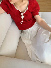 Red Ribbon Tie Puff Sleeve Top