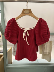 Red Ribbon Tie Puff Sleeve Top