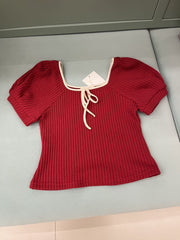 Red Ribbon Tie Puff Sleeve Top