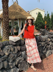 Red Ruffled Vest Plaid Skirt Set