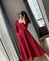 Red Square Neckline Long Sleeves Dress