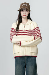 Red Striped Knit Zip Cardigan