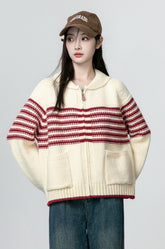 Red Striped Knit Zip Cardigan