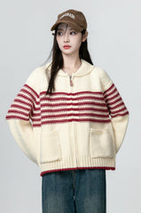 Red Striped Knit Zip Cardigan