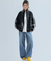 Red Stand Collar Striped Tape Zip Up Jacket