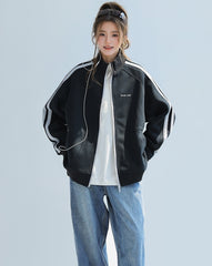 Red Stand Collar Striped Tape Zip Up Jacket
