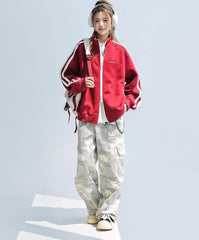 Red Stand Collar Striped Tape Zip Up Jacket