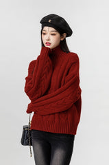 Red Turtleneck Chunky Knit Sweater