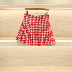 Red Tweed Pleated Skirt