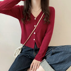 Red V-Neck Textured Cardigan