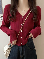 Red V-Neck Textured Cardigan
