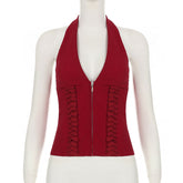 Red Zip-Up Corset Halter Top