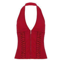 Red Zip-Up Corset Halter Top