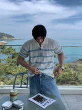 Relaxed Knit Striped Polo Short Sleeve Top