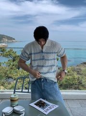 Relaxed Knit Striped Polo Short Sleeve Top