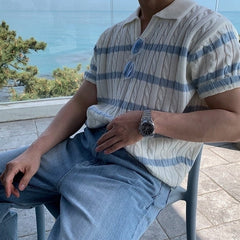 Relaxed Knit Striped Polo Short Sleeve Top
