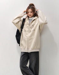 Relaxed Style Rhinestone Letter Hoodie Cardigan