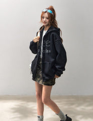 Relaxed Style Rhinestone Letter Hoodie Cardigan