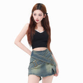 Retro Blue Crossed Wide Belt Denim Skirt