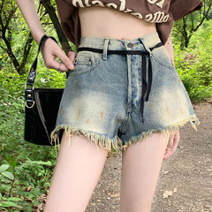 Retro Blue Raw Edge Denim Shorts