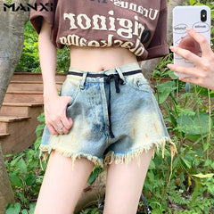 Retro Blue Raw Edge Denim Shorts