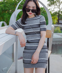 Grey Striped Knitted Dress