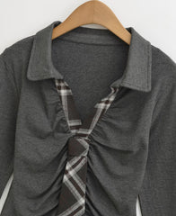 Ruched Tie Detail Collared Long Sleeve Top