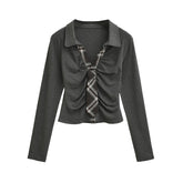 Ruched Tie Detail Collared Long Sleeve Top