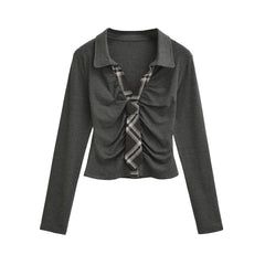 Ruched Tie Detail Collared Long Sleeve Top