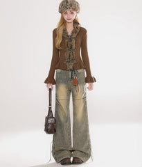 Ruffled Knit Faux Fur Collar Cropped Cardigan