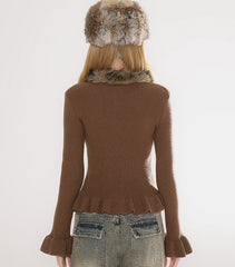 Ruffled Knit Faux Fur Collar Cropped Cardigan