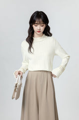 Ruffled Sleeve Beige Long Sleeve Top