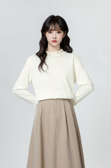 Ruffled Sleeve Beige Long Sleeve Top
