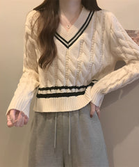 White V-Neck Knitted Sweater