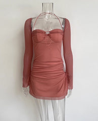 Pink Halter Long Sleeve Dress