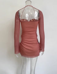 Pink Halter Long Sleeve Dress
