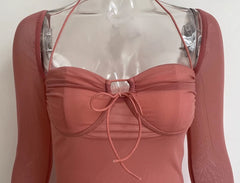 Pink Halter Long Sleeve Dress