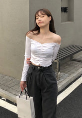 White Long Sleeve Lettuce Crop Top
