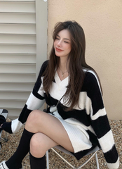 Black Retro Striped V-Neck Sweater