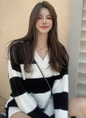 Black Retro Striped V-Neck Sweater