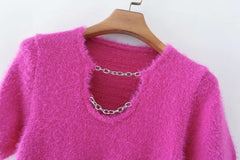 Pink Fluffy Chained Cropped T-Shirt