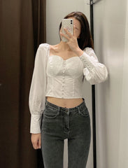 White Puffed Sleeve Crop Top