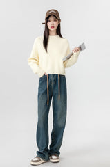 Short Beige Crewneck Sweater