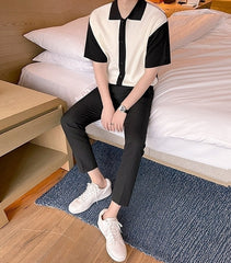 Short Sleeve Knit Cardigan Casual Color Block