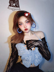Blue Butterfly Denim Backless Crop Top