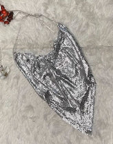 Silver Cowl Neckline Sparkly Crop Top