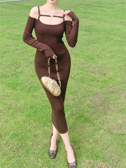 Brown Off-Shoulder Long Dress