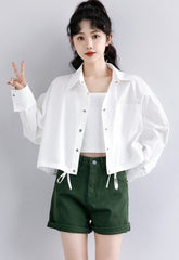 Spring Casual White Shirt Jacket Loose Cropped Long Sleeve